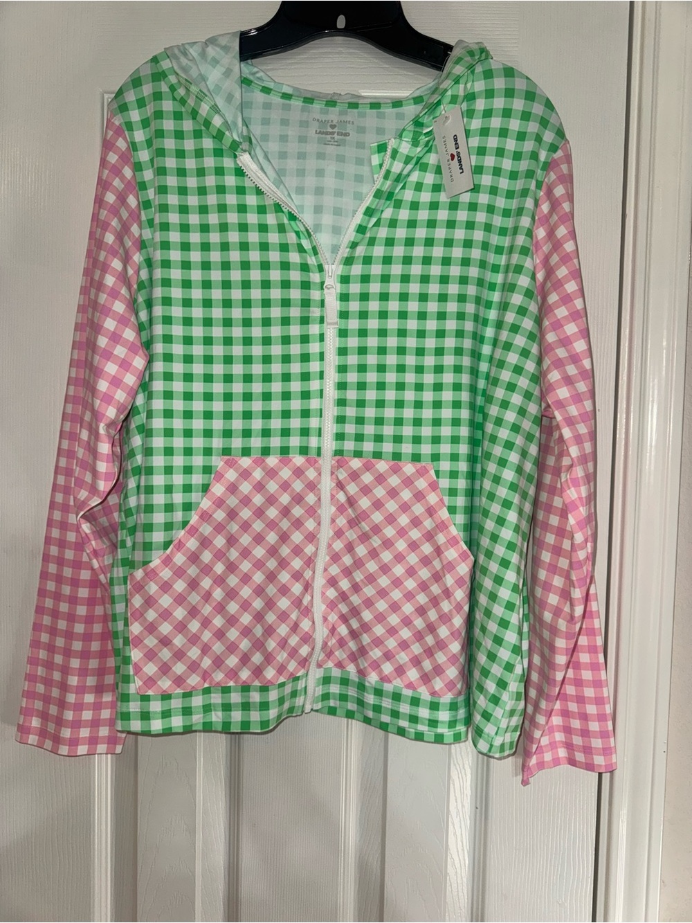 NWT Draper James Gingham Zip-Up Hoodie in Green & Pink